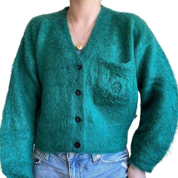 Vintage 80s Womens Esprit Emerald Green Mohair Fluffy Cropped Fuzzy Cardigan S - Picture 2 of 9